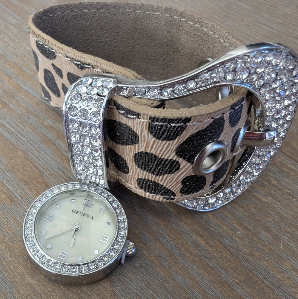 NWOT Genfva Animal Print Watch with Sparkling Buckle And Bezel